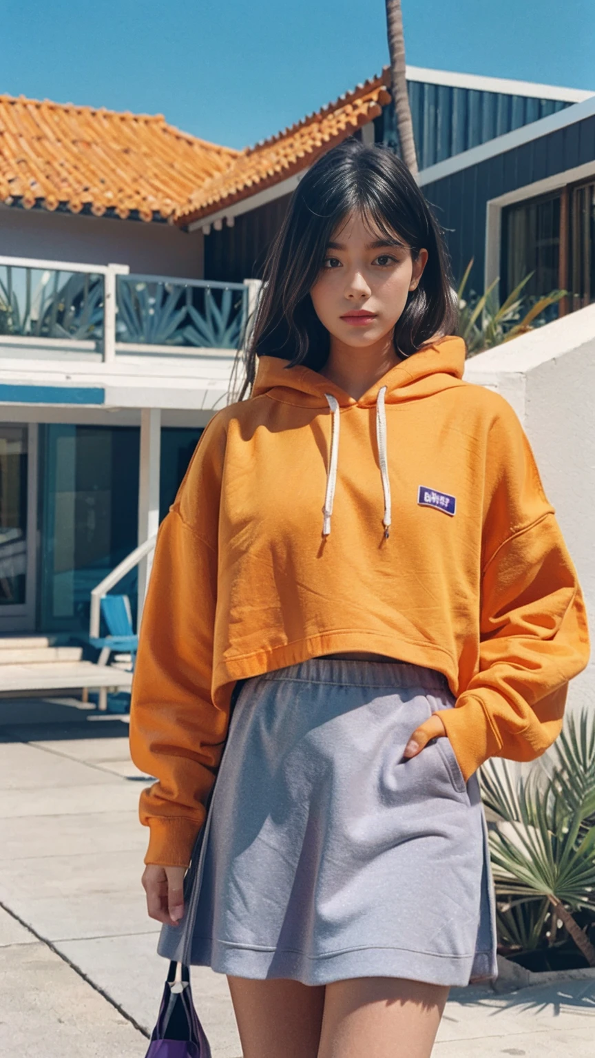 Fujifilm XT3,1 girl ,her pose exudes a sense of and joy,close up photo, wear (((color orange oversized_hoodie))), wear ((purple tennis skirt)),hands in hoodie pocket,looking front,Best Quality,Masterpiece,Ultra High Resolution,(Realisticity:1.4),Original Photo,light leak,ultra high resolution,UHD,beautiful, (bokeh:1) black bob hair, almond eye, no makeup, in front of (80's mondrian architecture motel), (realistic:1.2), (surreal:1.3), (very detailed:1.1), ((masterpiece)),summer, blue sky, palm trees,sunny, los angles vibes