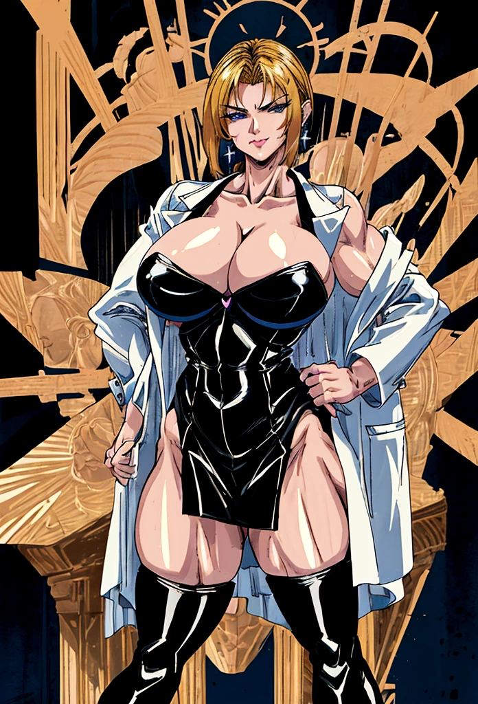 Main: Kitami Reika, mature female, 40 yo, blonde hair, short hair, lipstick, makeup, black eyeshadow, smokey eyes, blue eyes, jewelry, cross earrings Clothes: black corset mini dress, white labcoat, black thighhigns, pump shoes (or highheeled boots). Optional: detailed hair, ultra detailed face, blue eyes, perfect eyes, perfect face, Large Breasts, cleavage, curvy, big ass tricky glance, smirking (masterpiece), best quality, expressive eyes, perfect face, muscular woman, woman with well marked muscles, toned muscles, hyper muscular, massive muscles, massive shoulders, massive biceps, muscles bulging, gigantic muscles, extreme muscular, muscles, big muscles, muscle mommy, muscular female, Bulky, Bodybuilder, HyperMuscle. womb tattoo heart shaped, massive breasts, massive , big , gigantic , slut, whore, corruption, boots, high thighs, errect nipples, angry face, mean, big tits, massive tits, fake tits, erect nipples