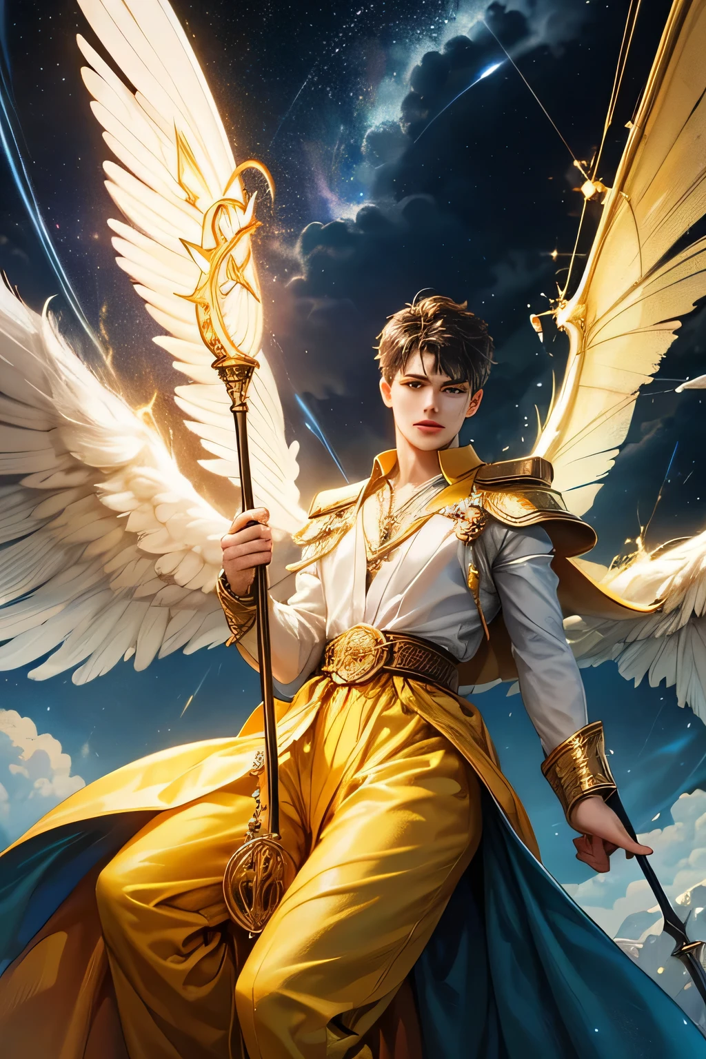 "Create an ultra-realistic image of a handsome, young male fairy, around 13 years old, with magnificent large wings that capture the essence of the sky and thunder. He should be holding a magical staff that emanates the energy of the sky and crackling thunder. Dress him in an elegant, varied yellow outfit that reflects the brilliance and dynamism of the sky. Surround him with elements like swirling clouds and flashes of lightning to showcase his connection to these elements. Include a distinct sky or thunder symbol or design on his body, signifying his role as the keeper of the deep sky and thunder, and highlighting the powerful celestial energy he embodies within him."