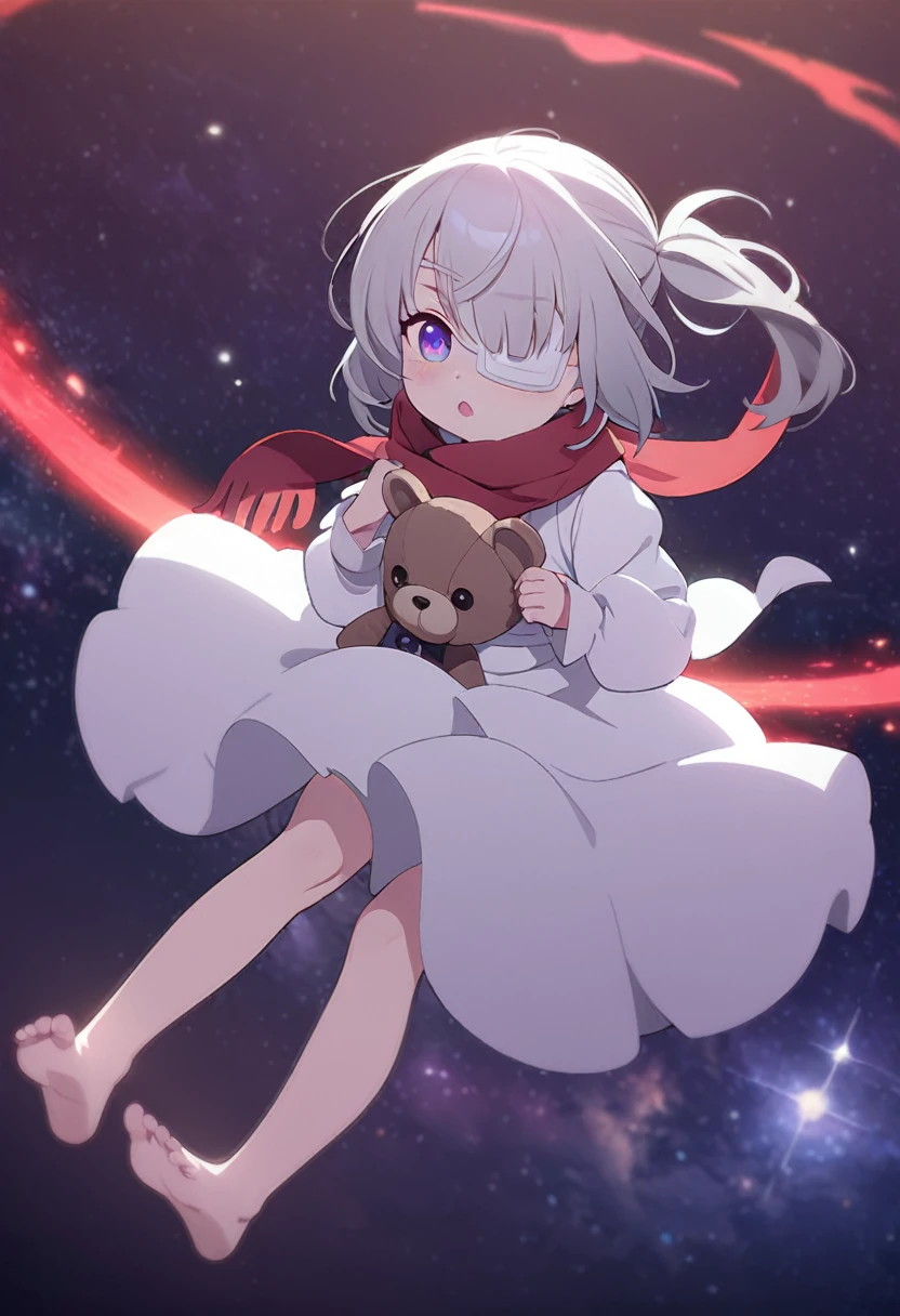(((masterpiece))), (((best quality))),(((high detail))),light manipulation, darkness manipulation, portal manipulation, girl with silver hair, a normal eye on the left, a gradient purple to sky blue eye on the right, wearing a white dress, a red scarf, a white eyepatch on her right eye, (((loli))), (((child))) , galaxy background, holding a teddy bear, feet, no footwear