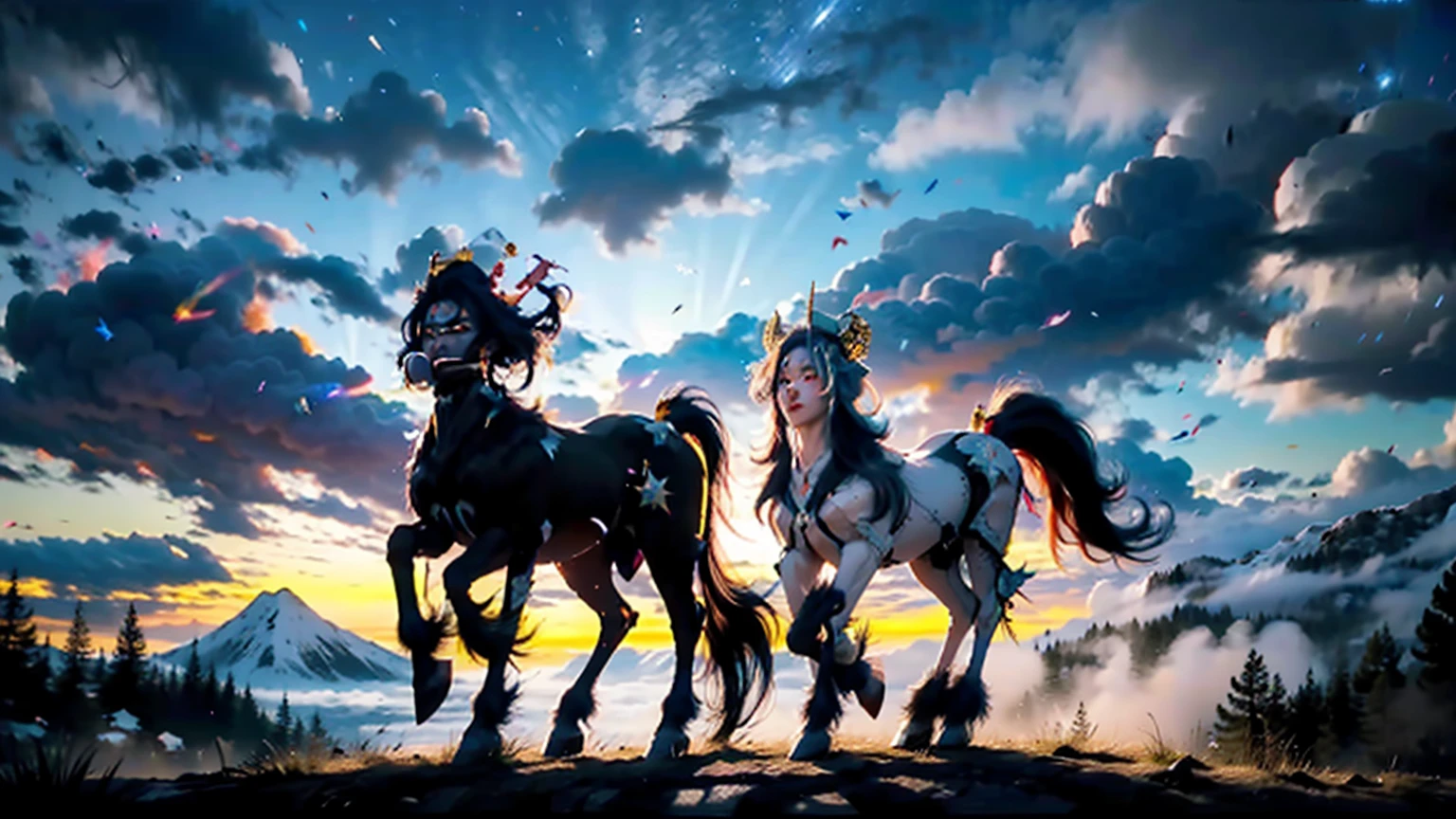 In the beautiful illustration of this super-grand scene,The ultra-distant lens shows us(More than eight distinctive and beautiful female centaurs,Half man, half horse,Half man, half horse角色:9.9),Their personality、Distinctive and vivid features。from(A radiant, angelic, snow-white centaur from heaven:1.1),arrive(Nightmare-like fiery red centaur surrounded by flames:1.1)、再arrive(Green Centaur, the wind fairy dancing in the air:1.1)、再arrive有(One-horned blue centaur surrounded by lightning:1.1),arrive(A mechanical-style mecha Centaur shining with metallic light:1.1)、再arrive(A powerful dragon-shaped centaur wearing colorful dragon scale leather:1.1)、再arrive(A slender elven centaur that is graceful and agile:1.1)Gracefully wears a flower crown、arrive(Enchanting and charming Tiflin centaurs:1.1)、再arrive(A succubus centaur with an indescribably sexy feeling:1.1)。Each Centaur character fully demonstrates his unique style。The illustration uses advanced artistic techniques and tools,Use nesting、Weaving、Splicing、perspective、interlude、Montage and other artistic techniques,Divide the scene into sections by geometric arrangement,Each part corresponds to a role,from而更有效地利用了空间,Make eight centaurs exist in one picture at the same time,(The style tends to be grotesque、Hayao Miyazaki、Aesthetic、Unavailable:3.3)。Through Midjourney's advanced brush tools、Color palette、Material packs和模型包、Texture tools,For each centaur, beautiful props are designed to increase racial characteristics、Clothing and physical features,Enhances the character's personality and visual appeal,(Stunning landscapes in illustrations,There are changing skies、rainbow、aurora、Stars and Moon,Incorporating iconic landmarks such as Mount Everest,and fireworks、Tranquil Lake、Natural and urban elements of waves and neon lights,Creates a magical atmosphere:1.5),Centaurs demonstrate their unique abilities and equipment in a variety of environments,This is true even in extreme alien landscapes。Use Midjourney's tools、Material packs、Texture tools、The color palette makes depicting details vivid and realistic,from复杂的发型和以及不同的种族特质、Body、Appearance features、服装arrive真实的纹理,Greatly improved the realism of the Centaurs and their surroundings,The fusion of multiple art styles adds dynamism to the character's movement at all angles,The overall visual experience is further enriched。The final illustration was described as a "masterpiece",It has the characteristics of "best quality" and "realistic",The details put into the creative process are shown、Level of creativity and craftsmanship。 hdr,(Reality,Masterpiece quality,Best quality)