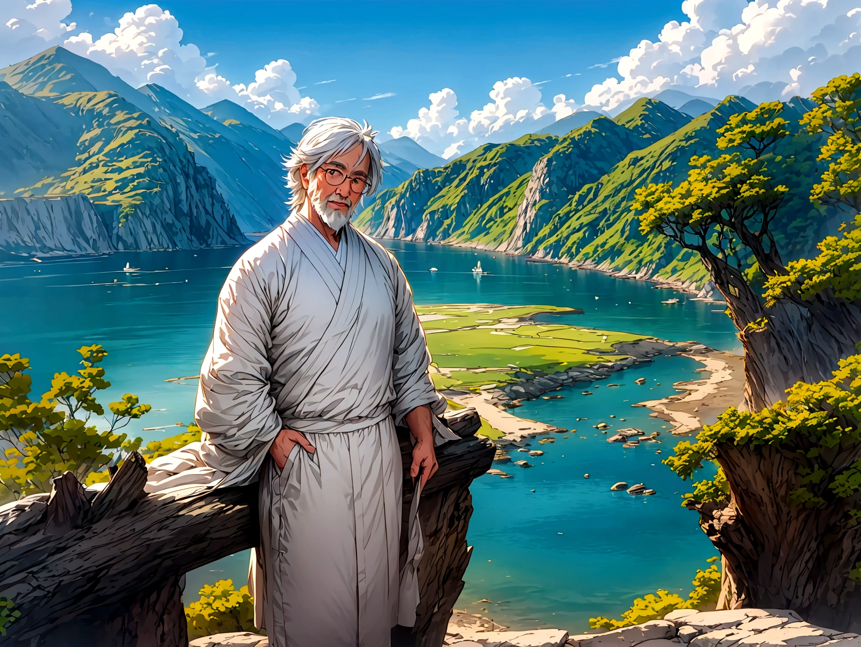 Create a high-quality anime-style image featuring an elderly man standing on a rocky cliff by the sea. The man has white hair, a beard, and is wearing round glasses. He is dressed in a white shirt, beige pants rolled up at the ankles, and white sneakers. His posture is relaxed, with his hands in his pockets, gazing thoughtfully into the distance. The background consists of a clear blue sky filled with fluffy, white clouds. Below the cliff, there is a calm sea with boats and a small coastal village nestled at the foot of green, mountainous terrain. The scene captures a peaceful, reflective moment, with vibrant colors and detailed shading to emphasize the tranquil and contemplative atmosphere.
