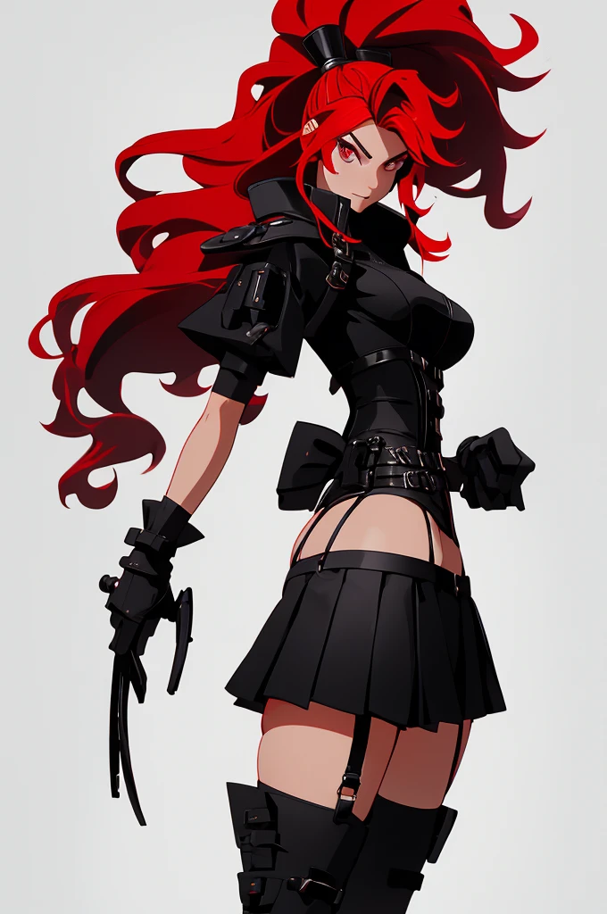 Rogue human woman, with red hair and black streaks, long high ponytail, white corset, black mini skirt, black thigh high boots, black jacket, with a dagger
