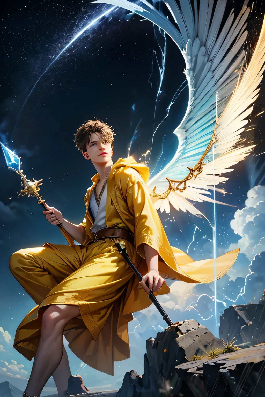 "Create an ultra-realistic image of a handsome, young male fairy, around 13 years old, with magnificent large wings that capture the essence of the sky and thunder. He should be holding a magical staff that emanates the energy of the sky and crackling thunder. Dress him in an elegant, varied yellow outfit that reflects the brilliance and dynamism of the sky. Surround him with elements like swirling clouds and flashes of lightning to showcase his connection to these elements. Include a distinct sky or thunder symbol or design on his body, signifying his role as the keeper of the deep sky and thunder, and highlighting the powerful celestial energy he embodies within him."