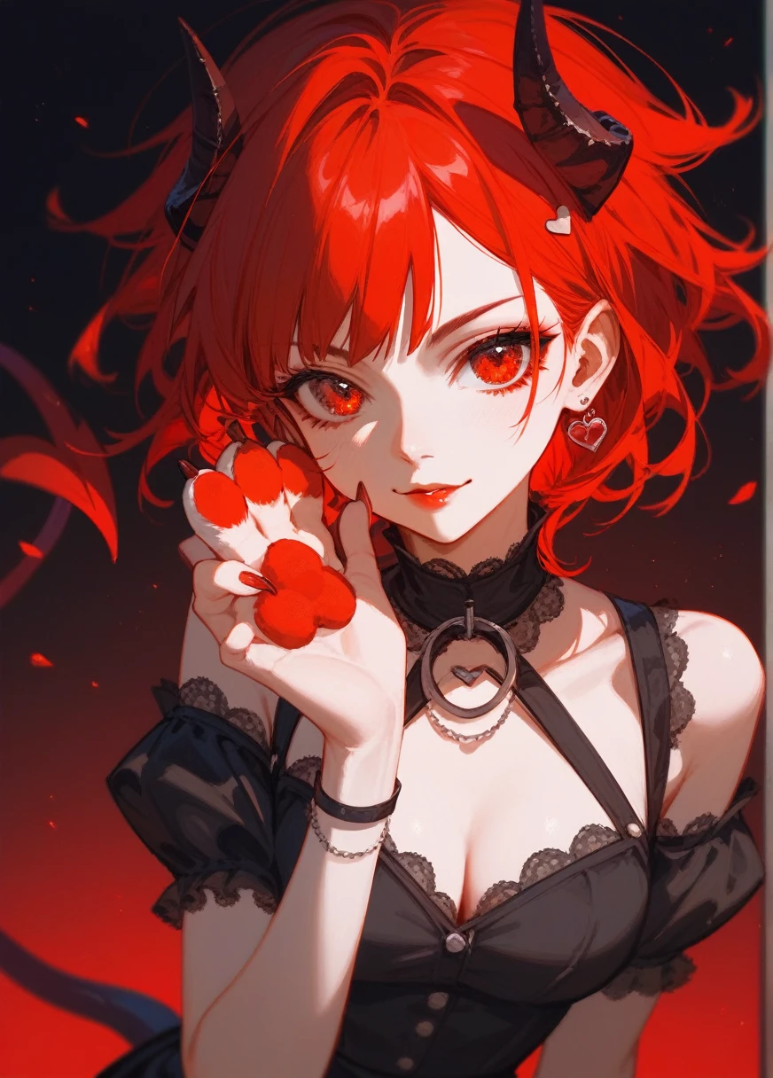 (Fraction_9,Fraction_8_Direction_7_up),1 Girl,Devil Girl,Red hair,Red Eyes,wing,paw,Black skirt,beautiful_Face,