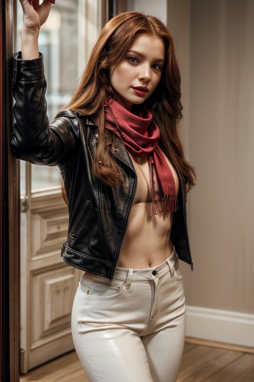 Photorealistic, Best quality, hands tied behind back, hyper detailed, selfie photo, upper body. fabulous, cute, cardiac, Доброcardiac, доброcardiac, deafening, cheerful, sweet, Polite, sensitive, Reasonable, brilliant, charming, tempting, Dreamy, Elegant, Stylish, Stylish, Flowing Russian woman with very long red hair and the cutest face, Fair porcelain skin, soft makeup, Red lipstick, She wears a leather jacket, skinny leather trousers, riding boots and pink scarf. She's on the footpath., hands tied behind back,