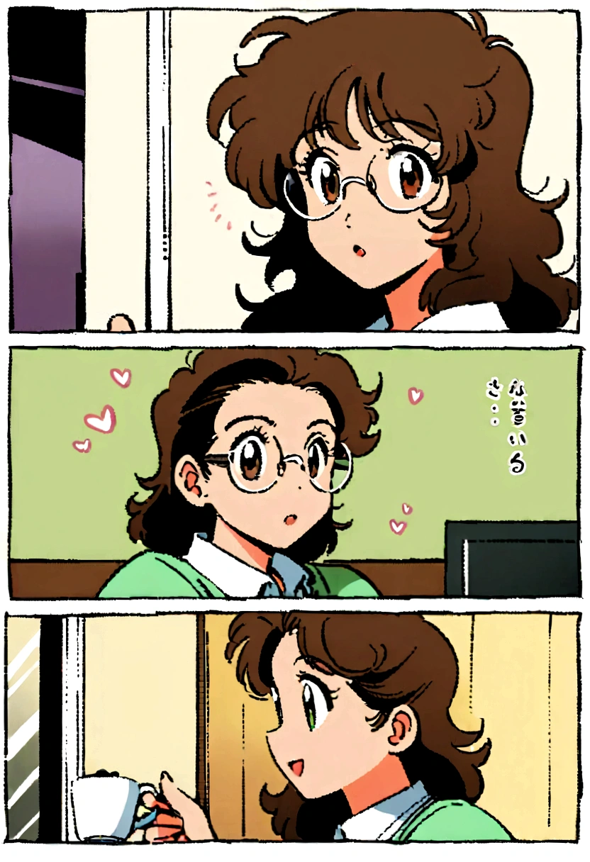 draw style, 80s anime, scene, guy offering coffee to girlfriend on the morning, guy with hair slicked back, wearing round glasses, brown eyes, girl short brown messy hair with green eyes, good morning
