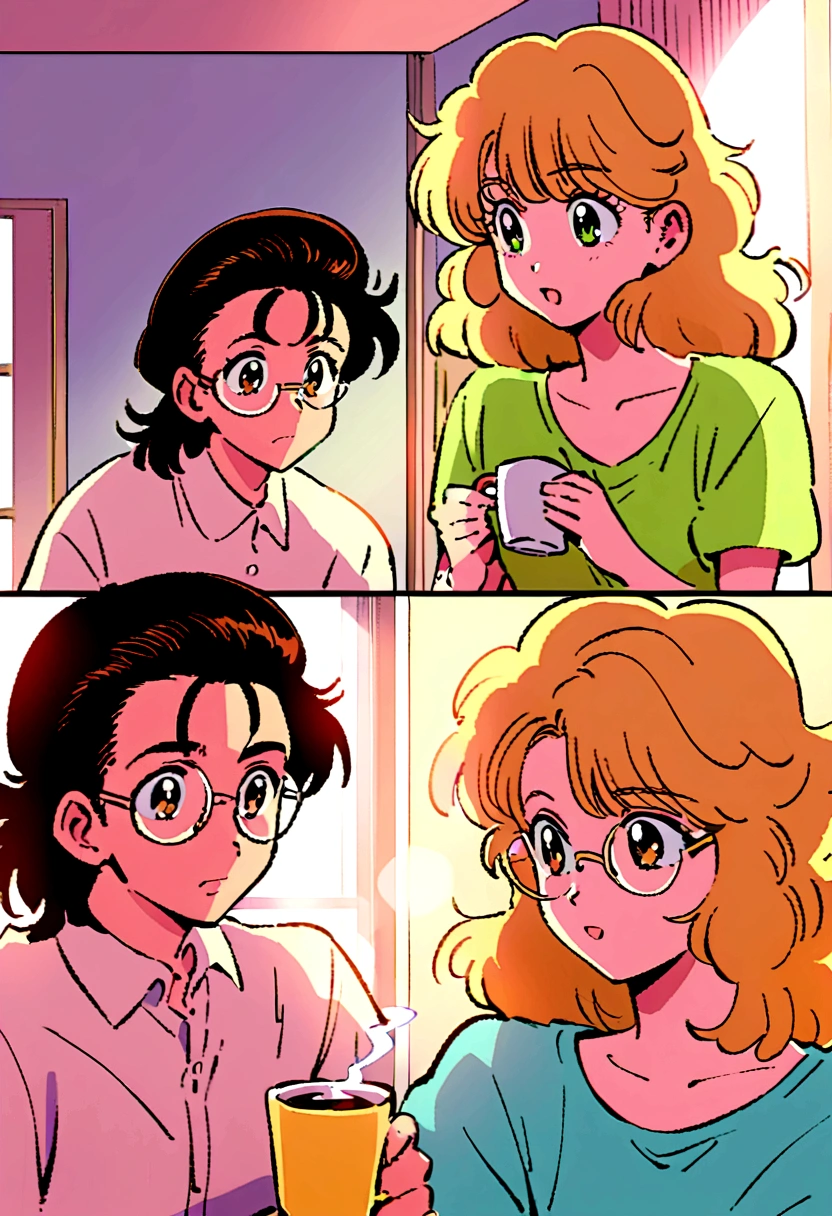 draw style, 80s anime, scene, guy offering coffee to girlfriend on the morning, guy with hair slicked back, wearing round glasses, brown eyes, girl short brown messy hair with green eyes, good morning