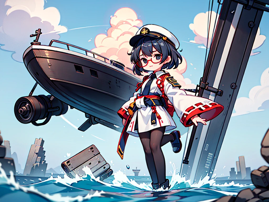 (((masterpiece, Vision))), ((((Full body of a woman with perfect flat chest、1 Female、solo、Short unkempt black hair、Tie your messy hair at the nape of your neck、white military jacket、Miko costume、black tights、Black glasses、White military cap、Cloudy black eyes、Confused eyes、Junyo-inspired emblem)))), (((Shipgirl))), ((Floating on the morning sea with both feet)), (Standing with your legs apart), (Hold the turret grip with your right hand), (Mechanical arms extending from the waist are used to equip the ship with battleship equipment.), (Equipped with a turret on the back), (Left arm holds the triple turret grip), Shotgun shell in left arm, Spreading the Machine&#39;s Wings, 2. Machine Tail, A mechanical prosthetic arm holds the turret, 