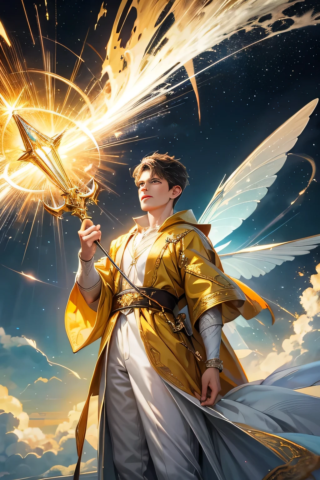 "Create an ultra-realistic image of a handsome, young male fairy, around 13 years old, with magnificent large wings that capture the essence of the sky and thunder. He should be holding a magical staff that emanates the energy of the sky and crackling thunder. Dress him in an elegant, varied yellow outfit that reflects the brilliance and dynamism of the sky. Surround him with elements like swirling clouds and flashes of lightning to showcase his connection to these elements. Include a distinct sky or thunder symbol or design on his body, signifying his role as the keeper of the deep sky and thunder, and highlighting the powerful celestial energy he embodies within him."