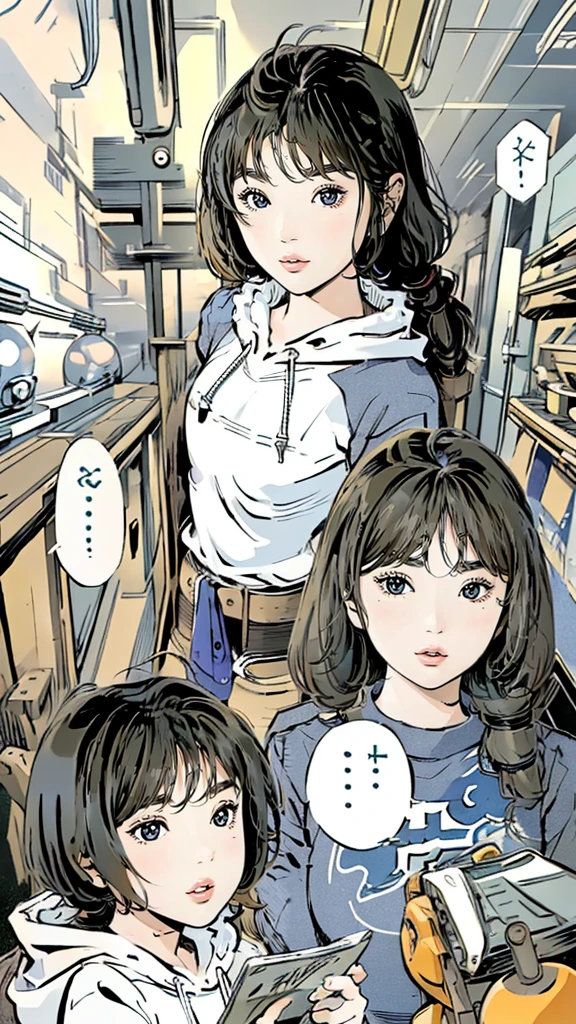 Comic Storyboard、Asian Women、22 years old、White hoodie、Female body、Black Hair、In a space filled with psychedelic patterns、axial symmetry、Captivating appearance、Long Hair、bowling alley、Anatomy correct