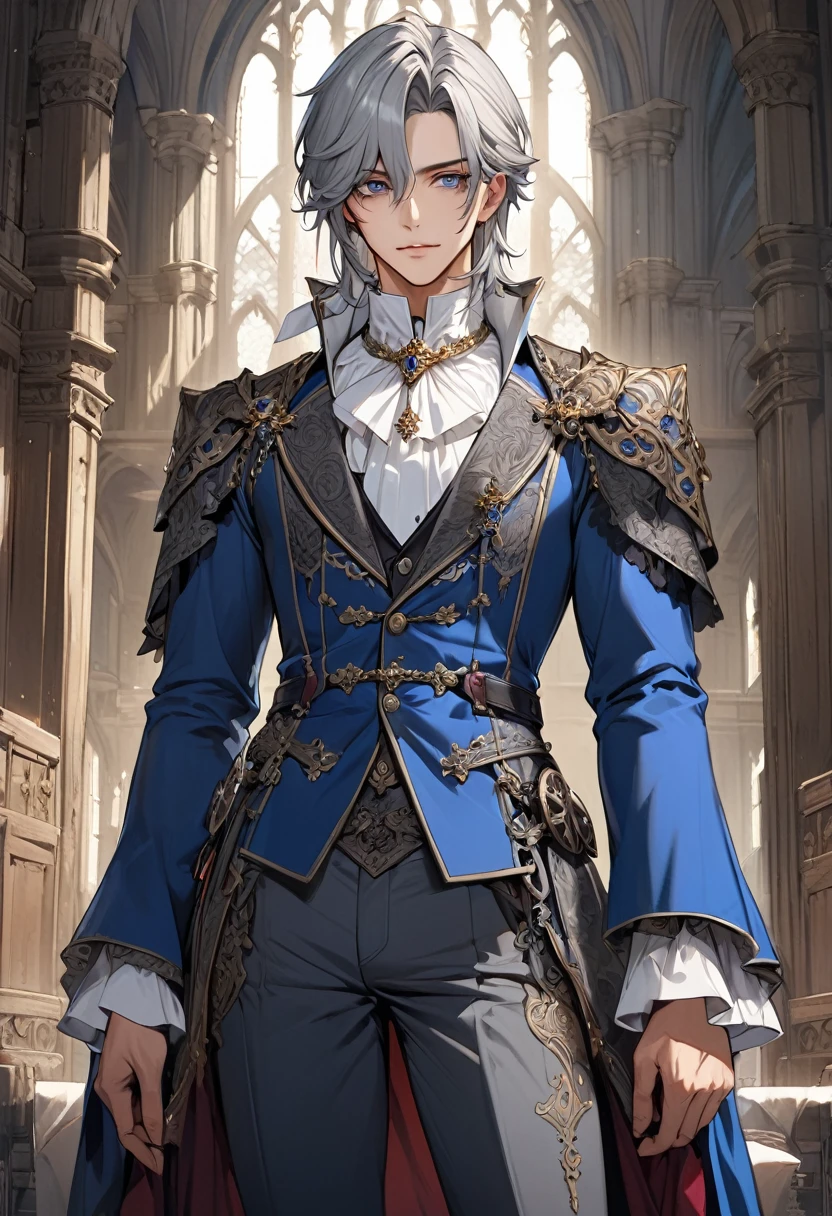  Frontal standing full-body portrait. A handsome anime man wearing a blue suit with shoulder straps, luxurious sleeves and a white fancy collar. Looking at the audience. Male version. Handsome full-body portrait. High resolution., Super detailed masterpiece, Wheels within wheels, Best quality for long gray hair, Korean face, Anime eyes, Gothic prince costumes with detailed interiors in medieval style, Detailed Character Art Academy Beautifully detailed, Delicate and exquisite frontal standing full body portrait(Don&#39;t go beyond the screen)Anatomically correct animated style modern front full body portrait(Don&#39;t go beyond the screen)official art, Impressive.全身肖像 超細緻的動畫藝術 完美的構圖 Wheels within wheels的細節 細緻數位藝術