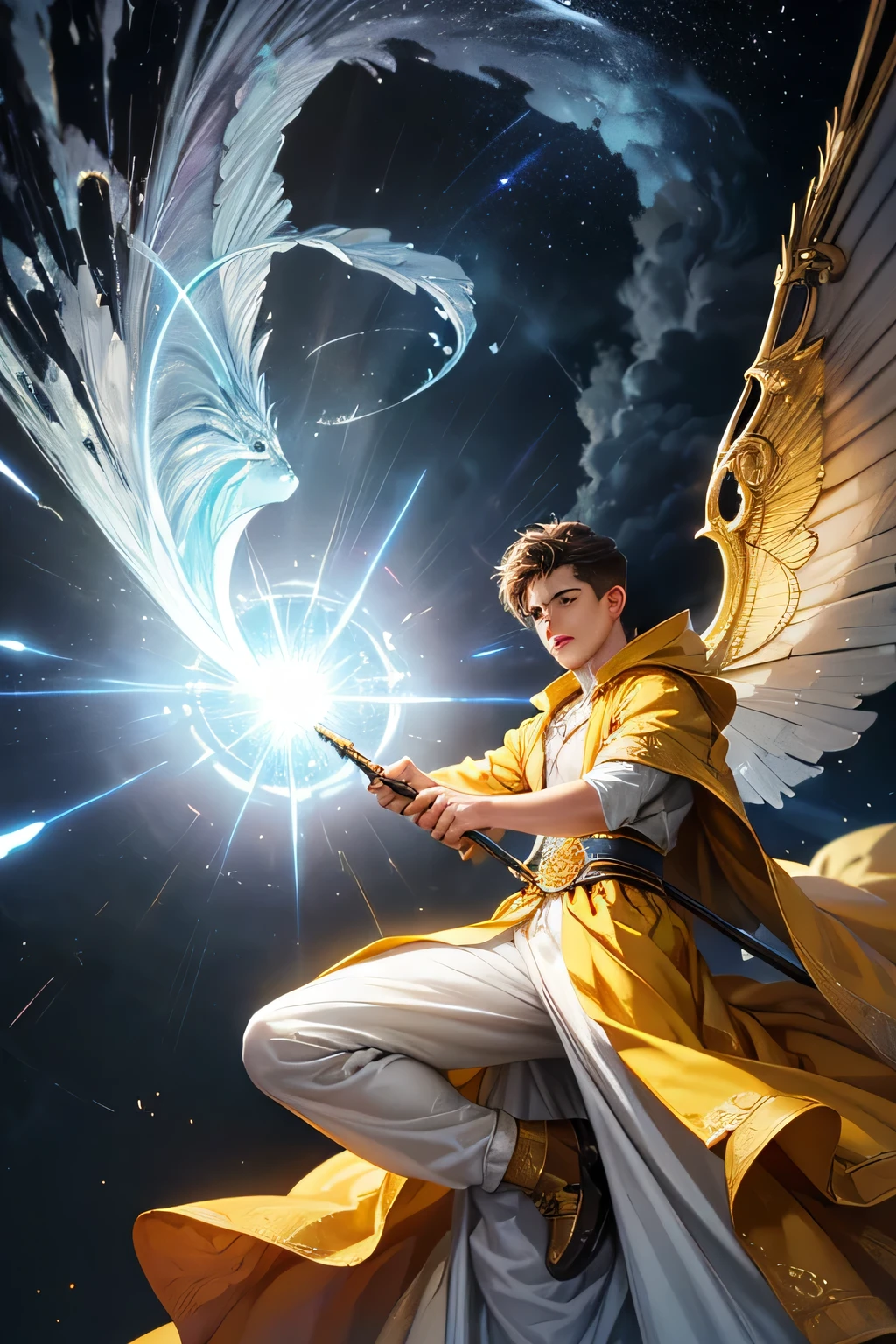 "Create an ultra-realistic image of a handsome, young male fairy, around 13 years old, with magnificent large wings that capture the essence of the sky and thunder. He should be holding a magical staff that emanates the energy of the sky and crackling thunder. Dress him in an elegant, varied yellow outfit that reflects the brilliance and dynamism of the sky. Surround him with elements like swirling clouds and flashes of lightning to showcase his connection to these elements. Include a distinct sky or thunder symbol or design on his body, signifying his role as the keeper of the deep sky and thunder, and highlighting the powerful celestial energy he embodies within him."