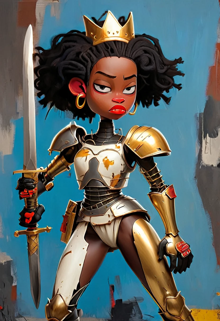 basquiat style, full body a woman in armor holding a sword，Golden Armor，Beautiful female knight，Light gold，Gold Obsidian Armor，golden goddess athena，Smooth golden armor，(Knee Shot:5)，Sexy，blue eyes，Slim body，Very small waist，(erect nipples see trough armor ), textured skin,