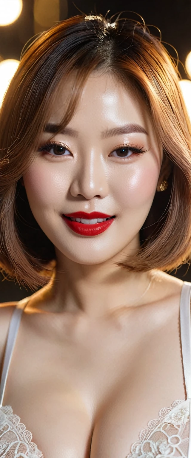 close-up of beautiful korean female, Gorgeus Girl, Beautiful, Baby Face, 20 Years Old, White Skin, red lipstick, sensual Lipstick, Colossal Breasts, Movie Lighting, Futuristic, ((Cleavage)), white-Gold Classy Lace G-string, Rose Eye, Muscles, Bokeh, Masterpiece, Medium Bob, Rose-Gold Hair, Smile, sensational make up