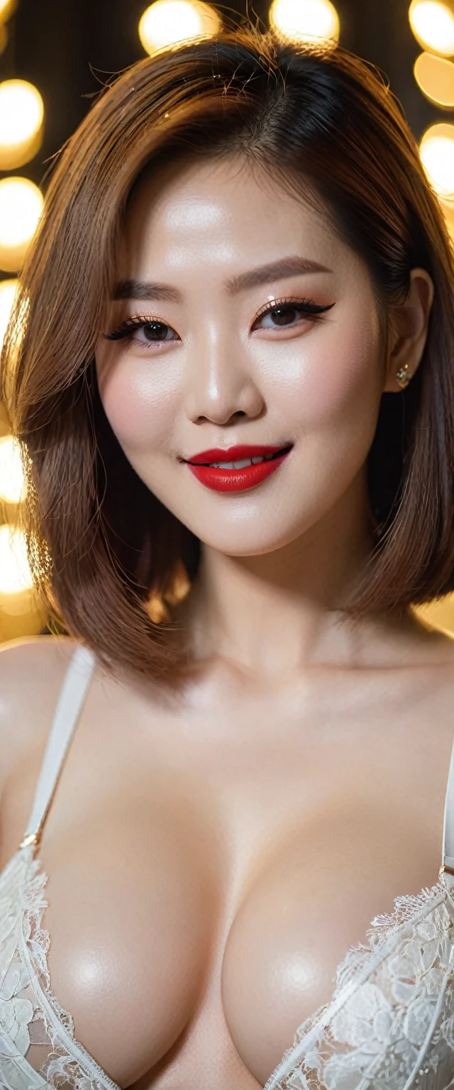 close-up of beautiful korean female, Gorgeus Girl, Beautiful, , 20 Years Old, White Skin, red lipstick, sensual Lipstick, Colossal Breasts, Movie Lighting, Futuristic, ((Cleavage)), white-Gold Classy Lace G-string, Rose Eye, Muscles, Bokeh, Masterpiece, Medium Bob, Rose-Gold Hair, Smile, sensational make up