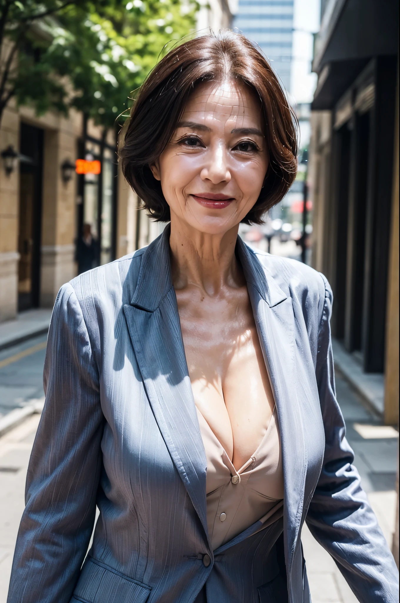 (masterpiece:1.4),(66-year-old woman:1.5),(Facial wrinkles:1.2),A kind smile,Motherhood Mature Woman, business suit, cleavage