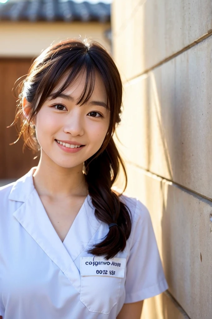 Japanese, One person, 20-year-old, cute, smile, bright, The background is the wall of the house, sunlight, Plain white nurse uniform, Highest quality, shape, Very detailed, finely, High resolution, 8k wallpaper, 完璧なダイナミックな構shape, Beautiful and exquisite,One person,Small face, True Face