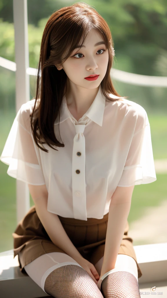 Korean 、summer shirt、Tight shirt、Ribbon Ties、skirt by the、schools、stairs at school、chest lifting pose、Emphasis on the chest、Slender and large、8K raw photos、A high resolution、18-year-old Korean、embarrassing looking、very large round breasts、Beautiful eyes finely detailed、long eyelasher、beautiful double eyelid、eye shadows、eyeline、slender eyes、Elongated eye shape、Sanpaku eyes、beautiful and thin legs、Beautiful slender thighs、Random Shorthair、Tie your hair behind your head、耳Nipple Ring、Light brown hair、(Wear pantyhose)、Hold your knees,short hair, fishnet stocking