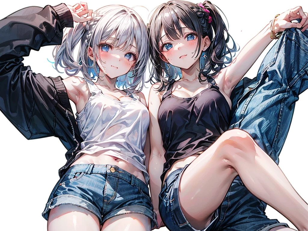 (Best quality, 8k, 32k, Masterpiece, UHD,:1.2),RAW, 1girl,ultra cute , natural lighting,transparent shining eyes, 20yo ,fair complexion, (ecstasy:0.8) ,(slut:0.8), (vulgarity:0.8), (fucked silly:0.8),(steam:0.8),(trembling:1.3)),((tank top, denim short skirt, )) ,From Below, squatting, White background, Cowboy shot, medium hair, wedgie, french braid, Cleavage, erect nipple