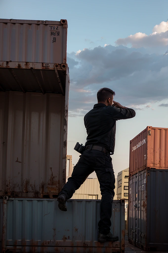 back side view of a guy standing on top of container and shooting down on zombie hoards