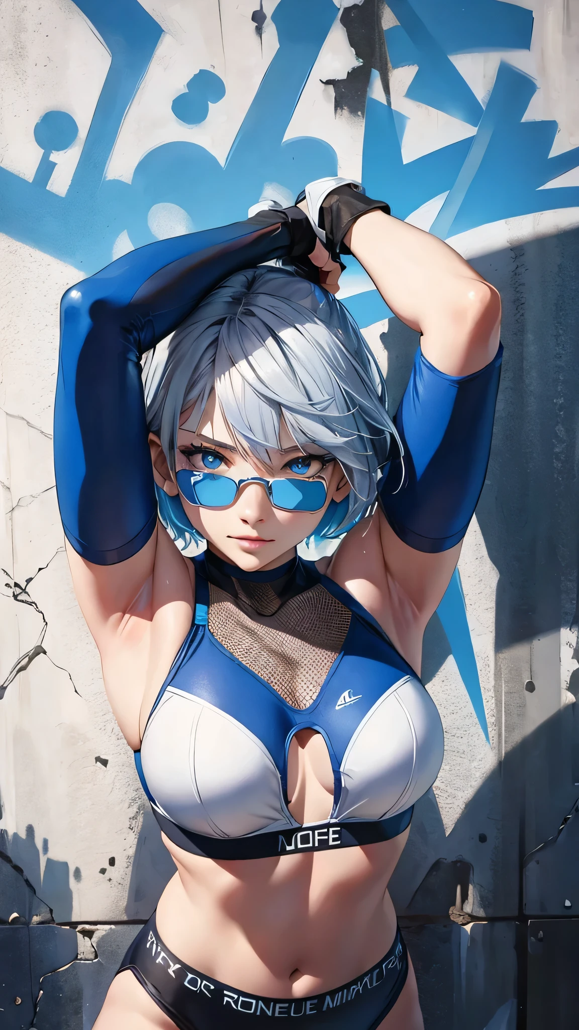 最high quality、Best image quality、masterpiece、With a girl((cute、20-year-old、Best Bust、Medium Bust、Bust 85,Beautiful Blue Eyes、Spread your chest wide,Short silver hair、Slender、The best valley、、Blue Bikini、,Show the whole body、Black perforated gloves,Blue Mesh,Leaning forward greatly、Blue Sports Sunglasses、Blue Intercom,Sweating profusely、Face Paint)）high quality、Beautiful art、background((White wall、graffiti、paint、Spray can)),Tabletop、Exquisite design、Visual Arts、Depth of written boundary、Best lighting、Highest detail、8ｋ