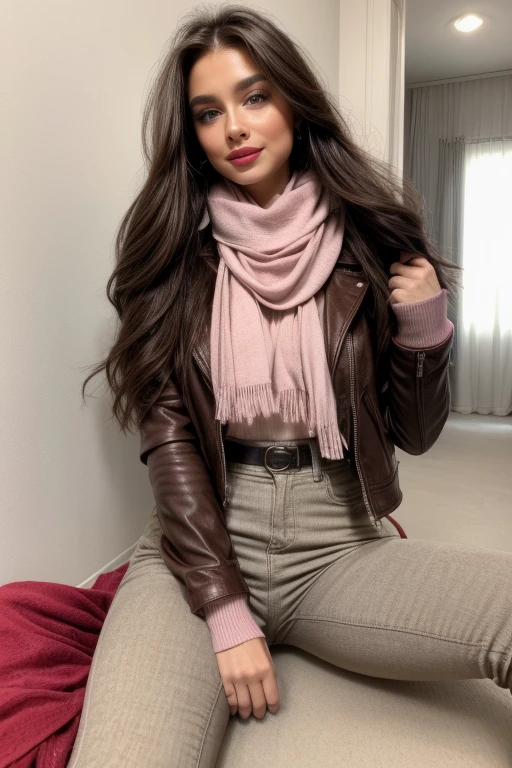 Photorealistic, best quality, hyper detailed, full-body picture. Gorgeous, pretty, warm-hearted, kind-hearted, good-hearted, stunning, cheerful, sweet, polite, sensitive, sensible, shiny, charming, alluring, dreamy, graceful, classy, stylish, flowing quite long brown haired armenian woman with the cutest face, skin, soft make-up, red lipstick, she is wearing a leather jacket, skinny trousers, a beige sweater, riding boots, and a pink scarf.