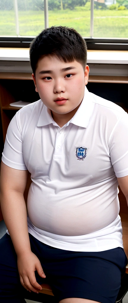high quality,ultra detailed,best quality,Fat man,18 years old,detailed face, white short sleeve shirt transparent with sweat,school uniform,classroom,sitting on desk,full body, Sweaty,