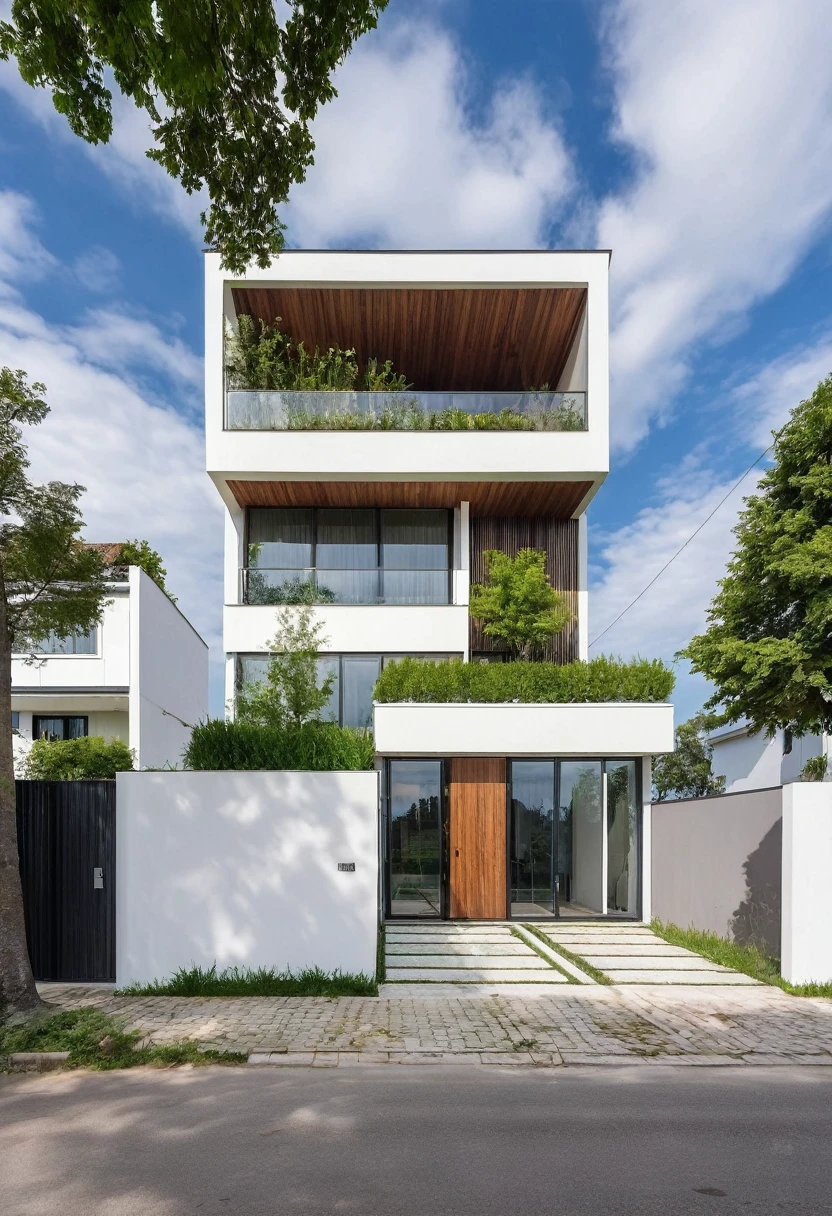 Raw photo,Masterpiece, high quality, best quality, authentic, super detail,
outdoors, house style modern,bietthuhn, white wall, glass windows, gate
road,pavement, grass, trees, sky, cloud, (day:1.1),