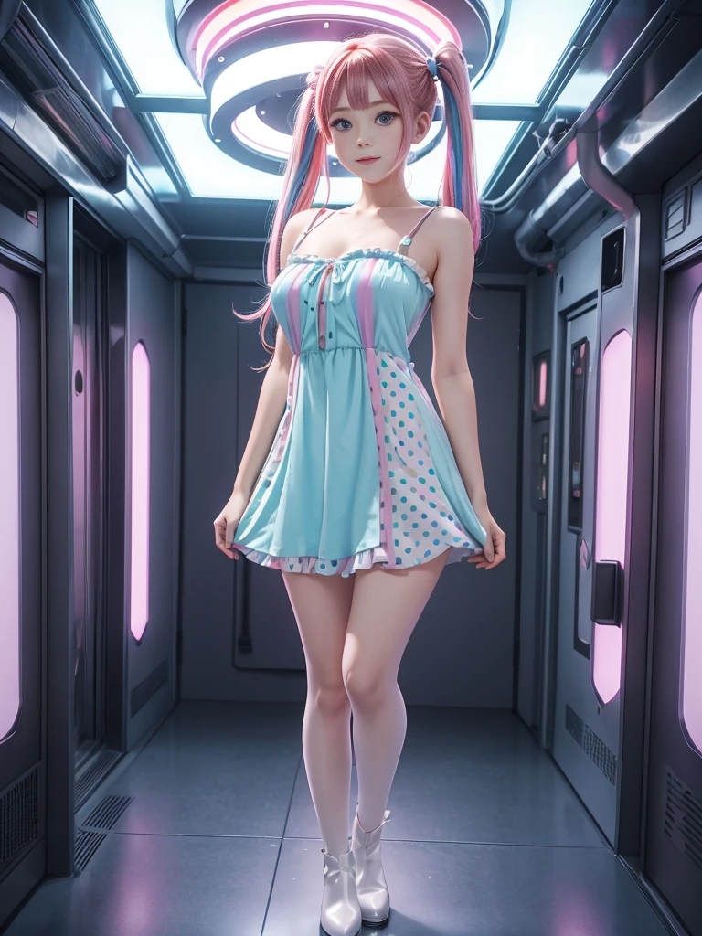 Cute redhead, gravure Idol, with rainbow colored hair tips, ribbons in her hair, 18-year-old woman, happy, in twin tails, perfect symmetrical eyes, clear sparkling blue eyes, pale skin, silky smooth skin, standing on a fancy luxurious space ship, large futuristic corridor, control panels, wood trim, decorative plants, warm lighting, wearing a futuristic  dress, pleated (chemise) mini dress (pastel rainbow colors, and polka dots), wearing full body pantyhose, cute short cut booties.
