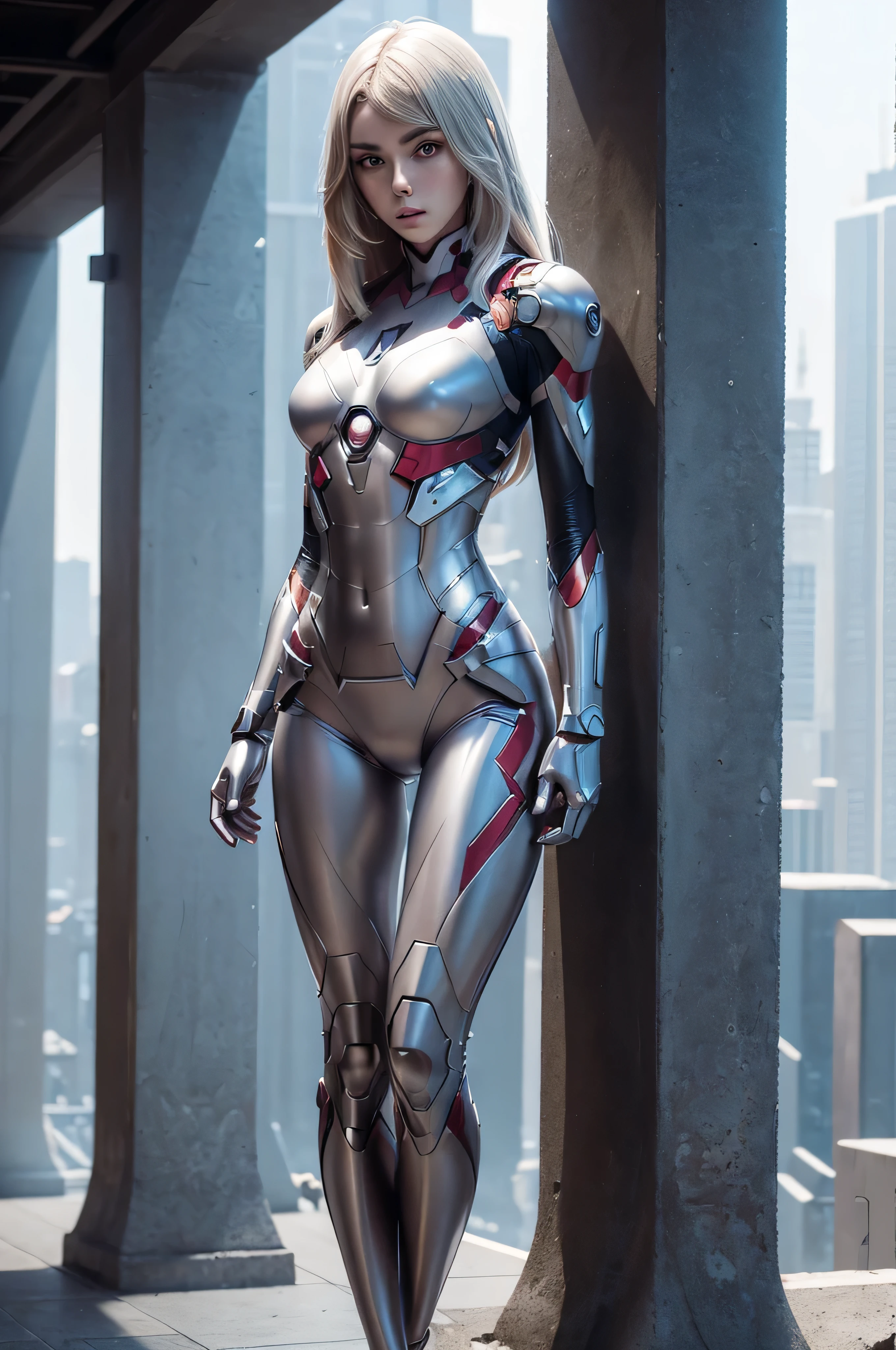 ((masterpiece, 8K, 3D, Realistic, Super Detail)), (1girl:1.3), slender 16 age, Ultra Micro photography, Vanessa Kirby Super realistic, Perfect face, 16K resolution, 4k resolution, The photo was taken from the Front, facing to the photographer, Foreground photo, dynamic lighting, posing on a pedestal, high-definition resolution, Beautiful features, ((Perfect female Model Slim body)) Beautiful features, Standing pose, ((small hip)), (((2 piece Hotpants-Bikini))), Sci-fi futuristic, ((Iron man armor)) ((bionic Fragmented Super Girl chest armor suit)), ((Exposed slim thighs)), wear mesh metal-stockings, ((slim thighs)), ((bionic Slim thighs Spider man armor)), Front Full body Shot, full body portrait, perfect legs, Iron Man shoes, futuristic city background
