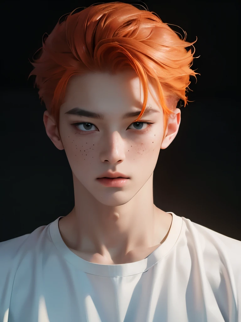((best quality, 8K, masterpiece: 1.3)), (sharp focus: 1.2), Korean Men, matchless, Orange hair, 뱀파이어처럼 엄청 White skin, Temptation, black shirt, black background, White skin, looking down, Asian face, expressionless, sexy, big eyes, freckles