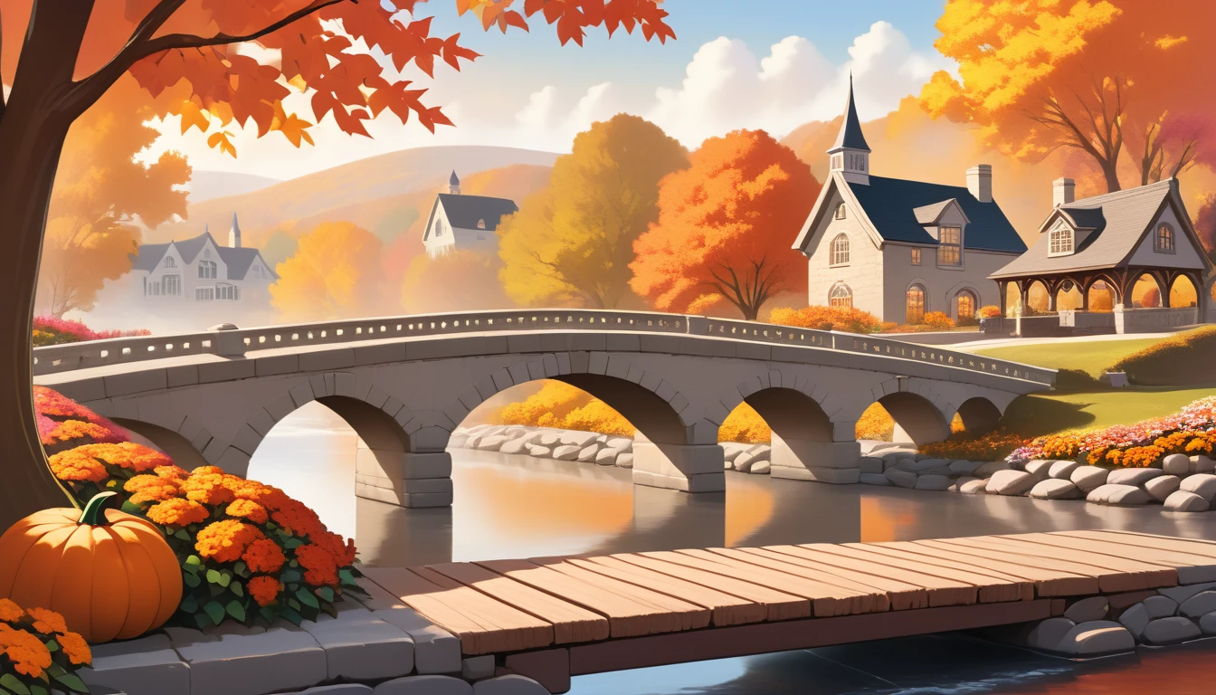 A serene autumn scene in a American town. The setting includes a stone bridge arching over a calm river, with classic architecture lining the banks. The foreground features a wooden table adorned with an oversized steaming cup of tea, flanked by vibrant autumn flowers and pumpkins, suggesting a cozy, warm atmosphere amidst the changing leaves of fall.