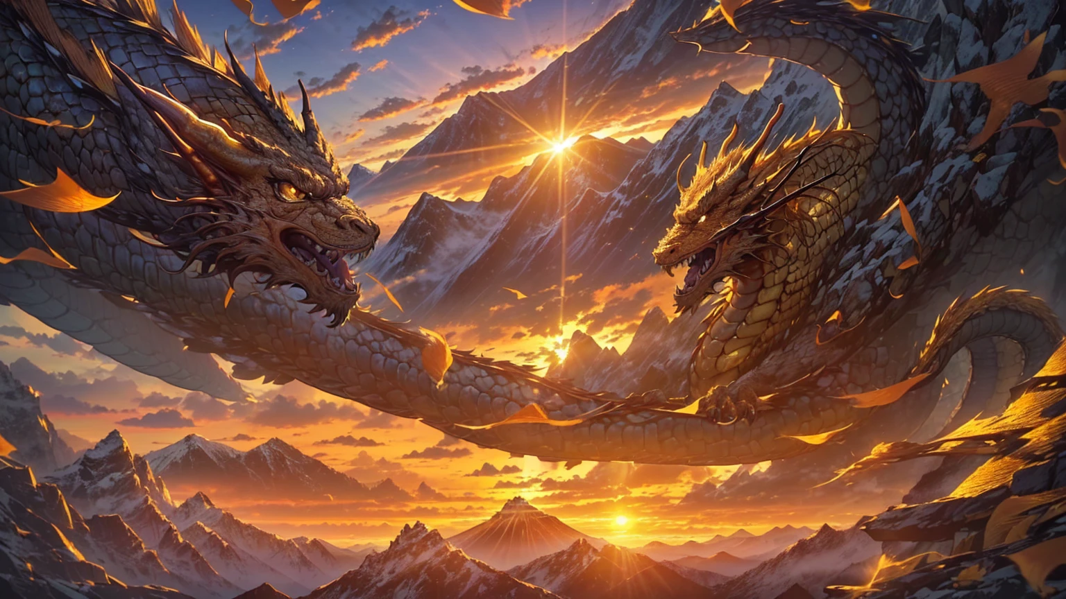 ((Worst quality, low quality)),(Golden Dragon, Golden Dragonの頭:1.3), (sunrise light, Morning Sunshine:1.4), (Beautiful majestic mountains and dragon background:1.4), On the table, best quality, Ultra Detailed,