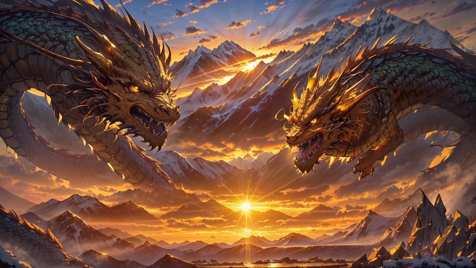 ((Worst quality, low quality)),(Golden Dragon, Golden Dragonの頭:1.3), (sunrise light, Morning Sunshine:1.4), (Beautiful majestic mountains and dragon background:1.4), On the table, best quality, Ultra Detailed,