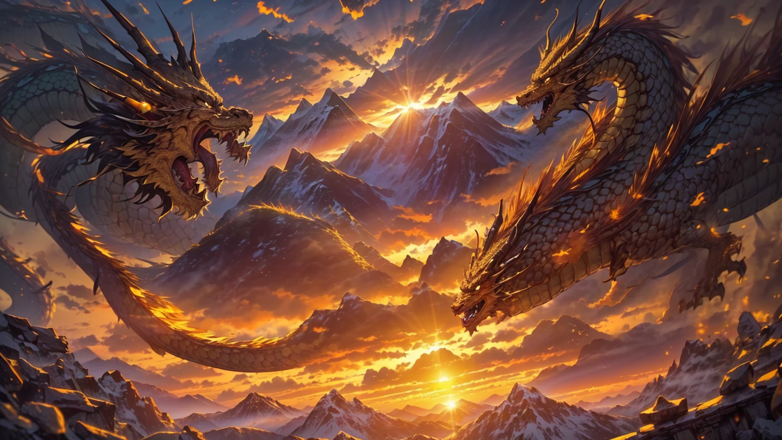 ((Worst quality, low quality)),(Golden Dragon, Golden Dragonの頭:1.3), (sunrise light, Morning Sunshine:1.4), (Beautiful majestic mountains and dragon background:1.4), On the table, best quality, Ultra Detailed,