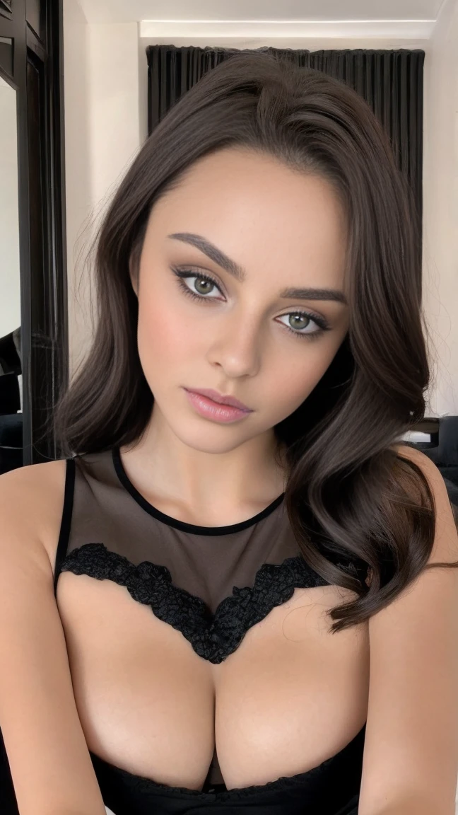 arafed woman with black clothes, sexy girl with brown eyes, portrait sophie mudd, brown hair and large eyes, selfie of a young woman, bedroom eyes, violet myers, without makeup, natural makeup, looking directly at the camera, face with artgram, subtle makeup, stunning full body shot, in playa, cleavage