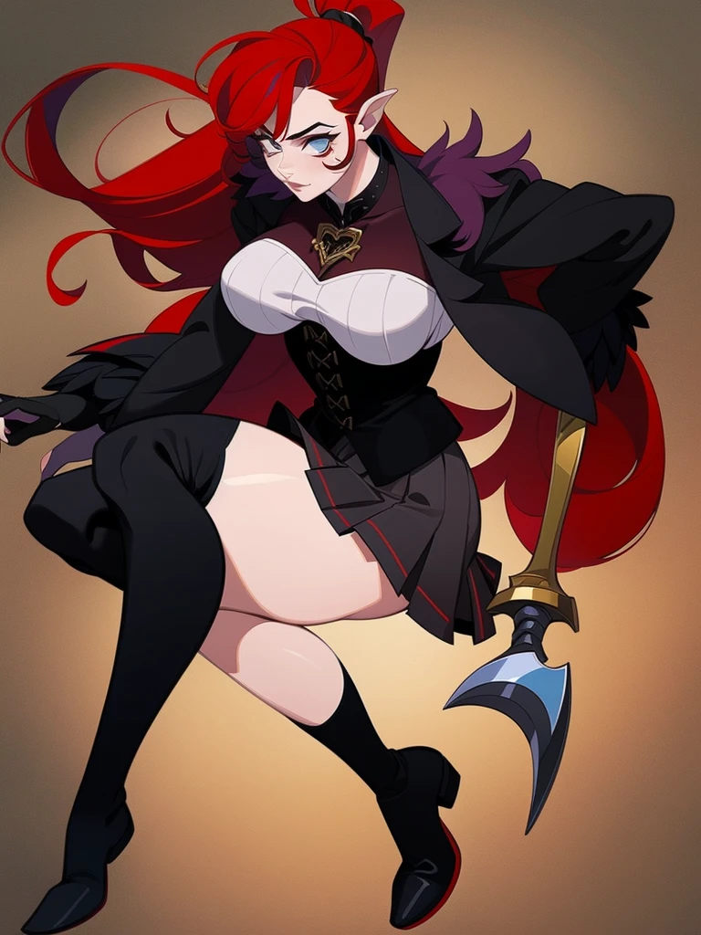((masterpiece, white background:1.2)) full body of a woman standing feet together, extremely long hair, ponytail, perfect anatomy 1sologirl, tall slim thick ((muscular)) toned body, silver breast plate, blue cape, slender body, wide hips, thick thighs, thigh highs, lingerie, smile face, red cheeks, leather black collar, leather corset, Funger red hair