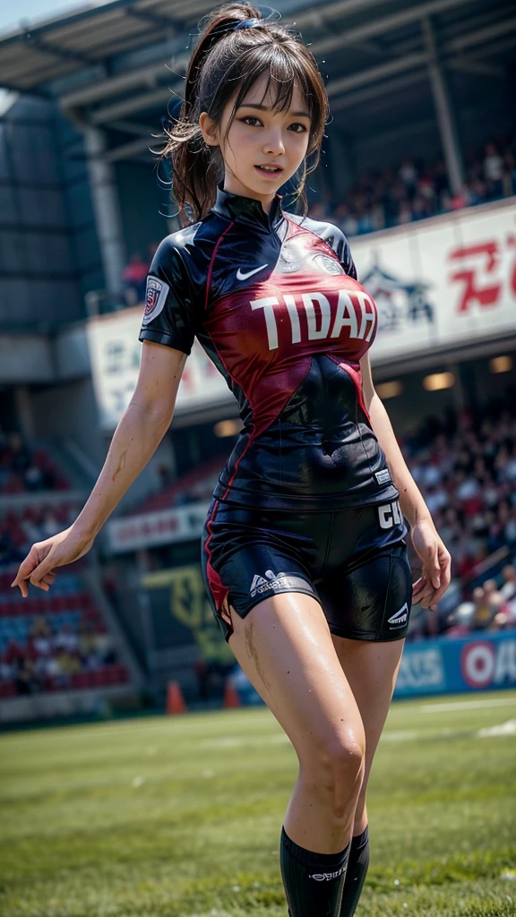 Highest quality, High resolution:1.2, Very detailed, Realistic:1.3, ((Beautiful woman))、((((Super tight uniform))))、((Super big breasts))、(The abdomen is visible:1.2)、Vibrant colors, ((play soccer)),((Blunt bangs))、Various Hair Styles、Different hair colors、With bangs、Wet Hair, concentrate, splash, Action Shots, Grass blotches, Muddy ground, Wet turf, decide, Fast-paced games, Athletic physique, Shiny soccer ball, Wet Uniform, raindrop, Blurred motion, ボールにconcentrateする, Intense competition, Skillful dribbling, Energetic play, Teamwork, powerful shoots, Wet pitch, Passionate sports, Fierce decide, Humid atmosphere, Fluid movement, emotional expression、Dramatic lighting, Women's Sports, Avid athletes, Exciting Games, Endure, Excited state, Speed and agility, Energetic play, 濡れたsplash、smile、Red Uniform