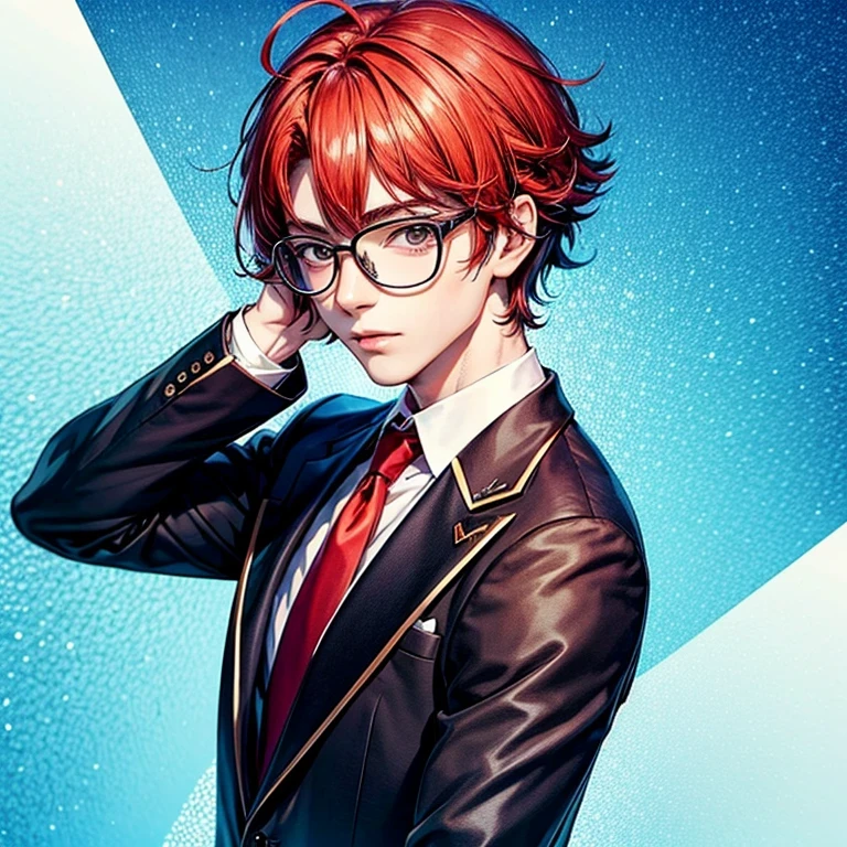 赤い髪と眼鏡をかけたアニメキャラクターがFacing forward, Red hair anime boy, High-quality portraits, Handsome anime pose, High quality anime art style, Detailed Anime Character Art, Anime style portrait, Official character art,Tall anime guy with brown eyes, Key Anime Art, Young Anime Guy, Handsome men from Demon Slayer、Facing forward、Anime painting、Pop illustrations