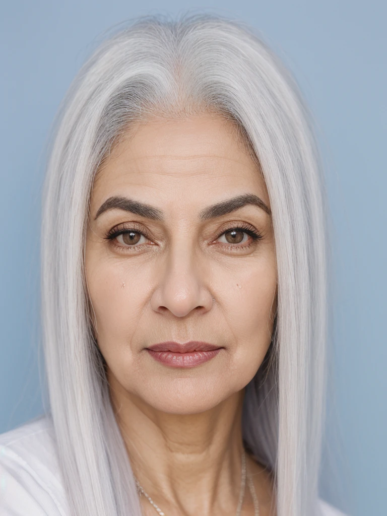1girl, solo, realistic, photorealistic, lowest quality, mature, (slim and fit), (Qatari woman), (50-years-old), her name is Lina, (((square face))), (light blue-eyed), (big round eyes), (seductive thick eyebrows), (((long hair))), (((square-face))), (((straight white hair)))