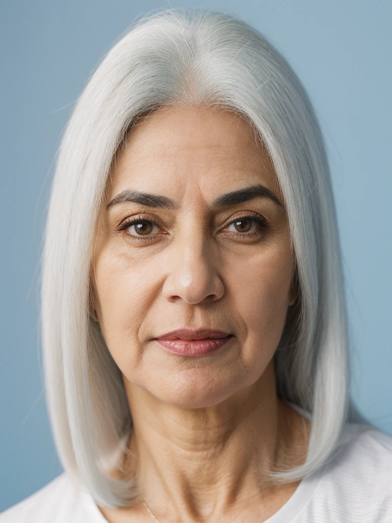 1girl, solo, realistic, photorealistic, lowest quality, mature, (slim and fit), (Qatari woman), (50-years-old), her name is Lina, (((square face))), (light blue-eyed), (big round eyes), (seductive thick eyebrows), (((long hair))), (((square-face))), (((straight white hair)))