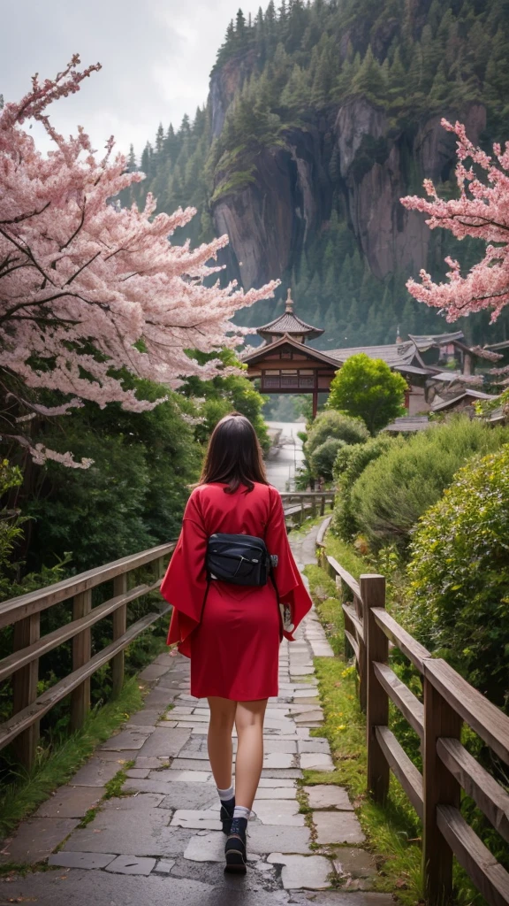 a detailed realistic 8k CGI landscape, hand by Guido Daniele, woman wearing kimono, wooden bridge, sakura blossoms, garland, lace-trimmed kimono, stone brick path, wet path, wooden clogs, tabi socks