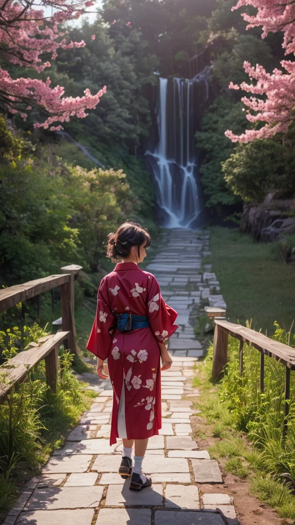 a detailed realistic 8k CGI landscape, hand by Guido Daniele, woman wearing kimono, wooden bridge, sakura blossoms, garland, lace-trimmed kimono, stone brick path, wet path, wooden clogs, tabi socks