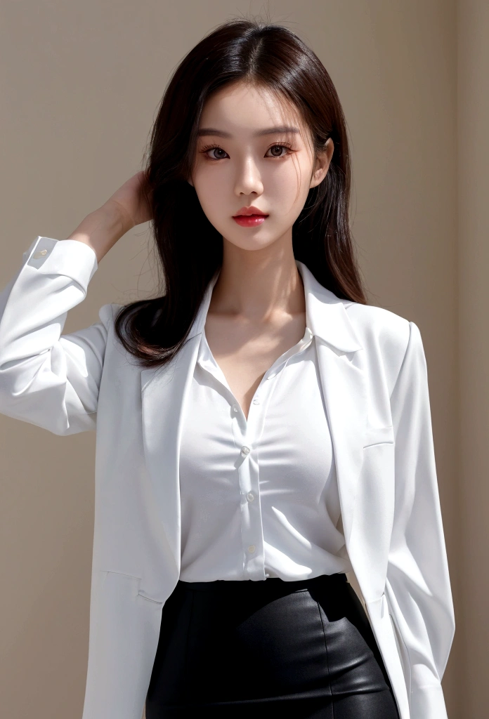 A portrait of Trinh, a 24-year-old Vietnamese fashion model, wearing a professional outfit. She is dressed in a crisp white shirt and a knee-length pencil skirt. Her expression exudes confidence and poise, showcasing her pride in her attire. Her posture is elegant, with her shoulders back and her head held high. The lighting is soft and flattering, highlighting her features and the details of her outfit. The image is high resolution and focuses on her face and upper body.