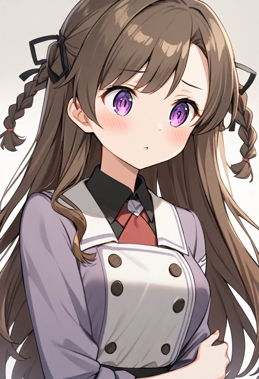 Miroku Yumiko,1girl, solo,purple eyes,long hair, twin braids,braid,brown blond hair,hair ornament,