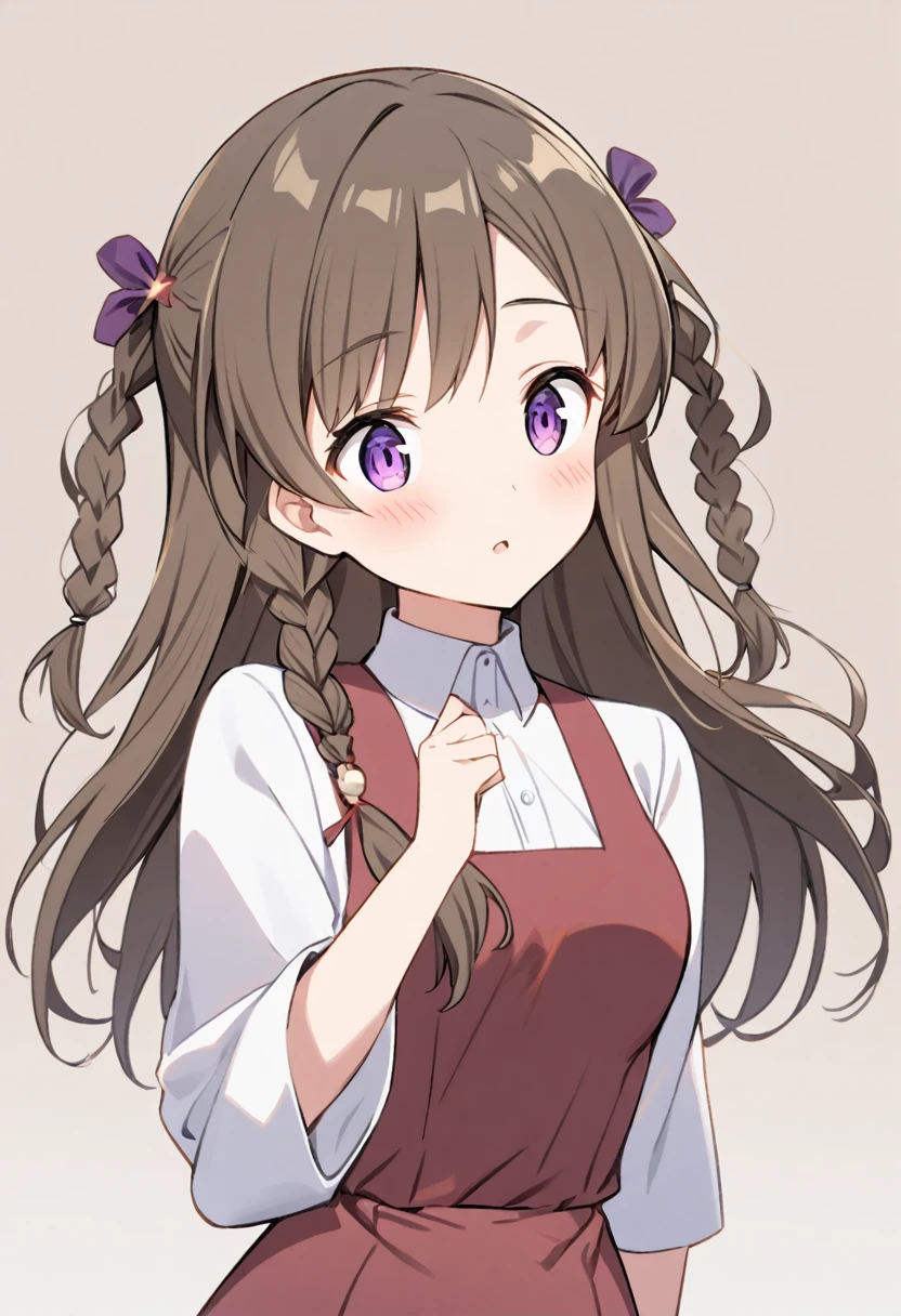 Miroku Yumiko,1girl, solo,purple eyes,long hair, twin braids,braid,brown blond hair,hair ornament,