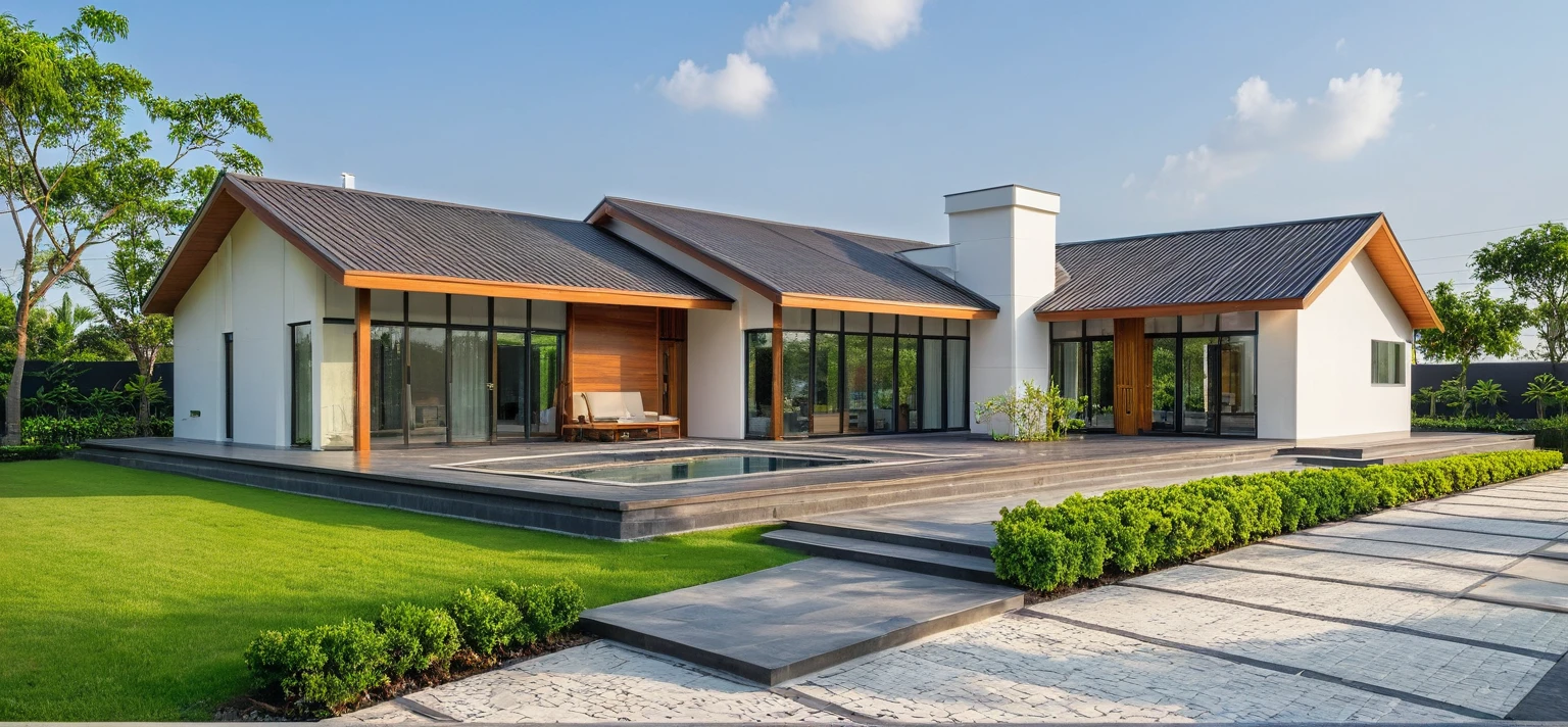 masterpiece, best quality, exterior design, single 1 storie modern house on the Vietnam village, modern dark tiled granite and white walls facade, wooden ceiling, large glass, minimalist modern style, green shrubs and tropical tree background, natural light, clear sky morning background, large door and windows,