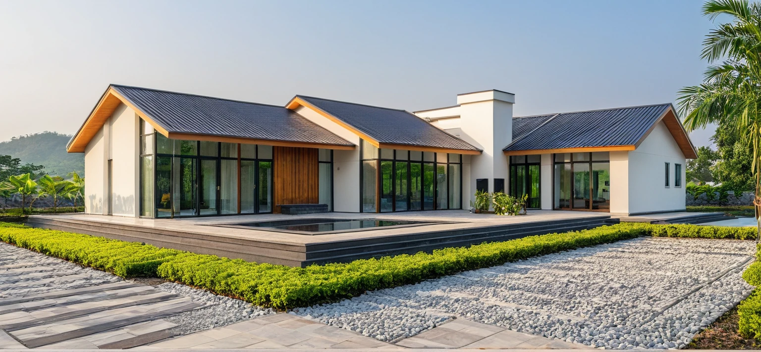 masterpiece, best quality, exterior design, single 1 storie modern house on the Vietnam village, modern dark tiled granite and white walls facade, wooden ceiling, large glass, minimalist modern style, green shrubs and tropical tree background, natural light, clear sky morning background, large door and windows,