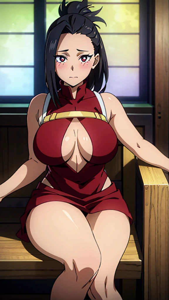 A beautiful anime-style girl, Yaoyorozu, with big eyes, long eyelashes, and a gorgeous face, wearing a sexy, revealing outfit that shows off her big round breasts and thighs, sitting at a bar in an anime-inspired cell shading art style, masterpiece, best quality, 8k, high resolution, ultra-detailed, realistic, photorealistic , blush , legs spread